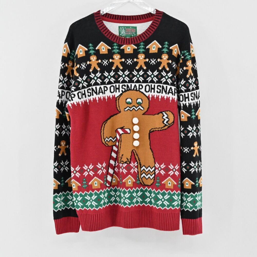 UGLY CHRIATMAS SWEATER Mens Size XL Gingerbread Man Oh Snap Candy Cane Crutch